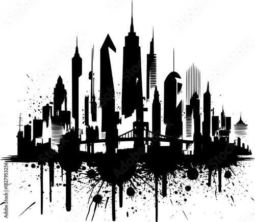 City Silhouette: A dynamic black silhouette of a cityscape against an evocative backdrop, capturing the essence of urban life and architectural grandeur.