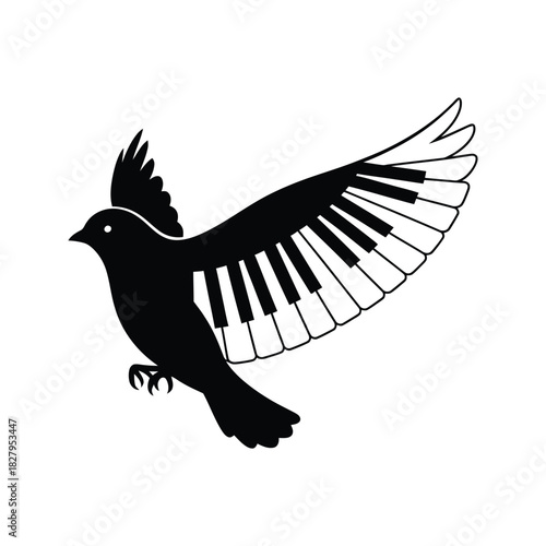 Creative black silhouette of a bird with piano keyboard wings in flight against a white background