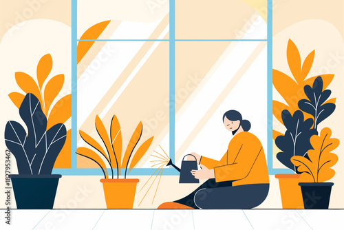 Kobieta podlewa rośliny doniczkowe przy dużym oknie, spokojna domowa scena.