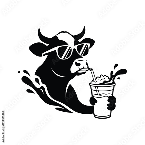 Cool cartoon cow wearing sunglasses drinking a refreshing beverage from a plastic cup with a straw