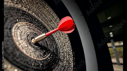 Red dart striking the center of a textured target board with sharp precision, creating a dramatic focused scene of accuracy and perfect aim in motion