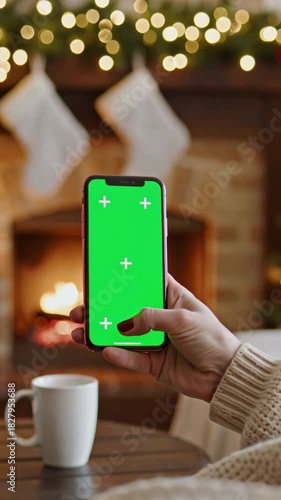 Close-up of hand holding smartphone with green screen in cozy living room near fireplace. Warm winter atmosphere, perfect for festive content placement