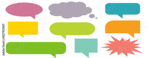 A simple design set of colorful message comment chat boxes. A collection of comic and social media speech bubbles, text boxes, and chat boxes. A vector set of comic and social media speech bubbles.