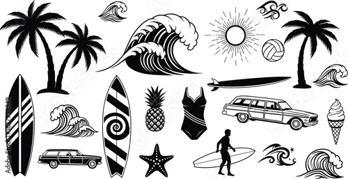 Black and white collection of summer beach vacation icons and illustrations surf