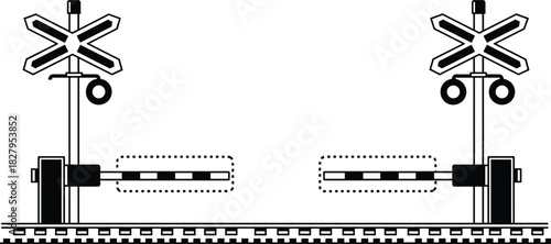 Black and white graphic of railroad crossing gates and signs railway barrier