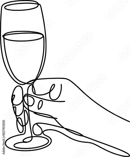 Minimalist continuous line art drawing depicting an elegant hand gracefully holding a classic champagne flute filled with a bubbly beverage, perfect for celebration. Vector, illustration