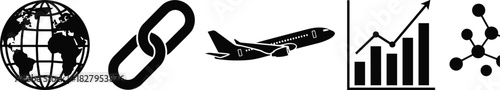 Black icons of globe chain link airplane bar chart and molecular structure on white background