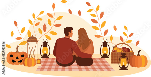 Romantic couple sitting on picnic blanket surrounded by pumpkins and lanterns in autumn park vector illustration for valentine or thanksgiving