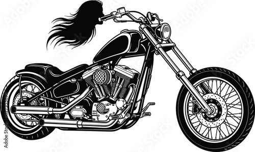 Black silhouette of a woman with long flowing hair riding a custom chopper motorcycle