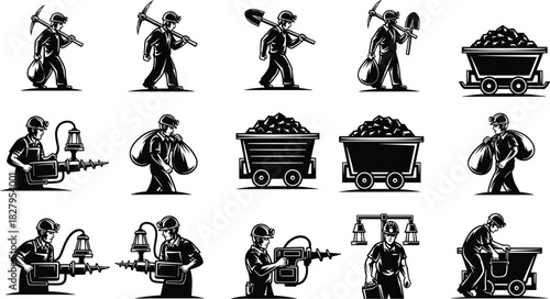 Collection of black and white illustrations depicting miners with tools and coal carts