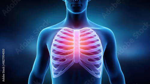 AI for radiology diagnostics shows digital interface highlighting human ribcage with glowing center for medical analysis