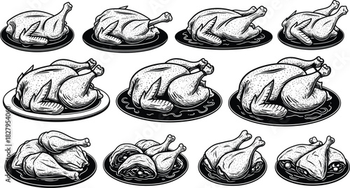 Collection of black and white illustrations of roasted chickens and chicken legs on plates