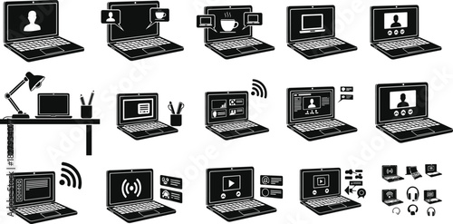 Collection of black and white laptop icons showing various digital activities and communication