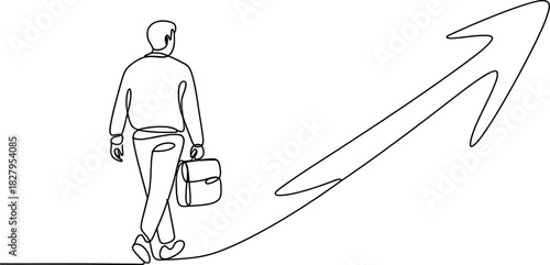 Continuous line art of a businessman with a briefcase walking on a path turning into an upward arrow, symbolizing progress, growth, and ambition. Vector, illustration