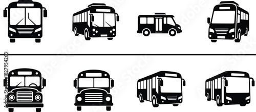 Collection of black bus icons and silhouettes on a white background transportation