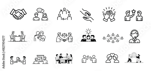 Teamwork & Collaboration Outline Icon Set — Business Meeting, Partnership, Support, Communication Vector