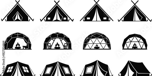 Collection of black silhouette camping tents and geodesic domes with campfires dome tent