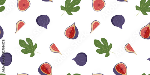 Seamless pattern cartoon fig set. Background of tropical fig fruit whole half and slice. Vector illustration wallpaper