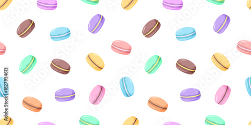 Cartoon colorful macaroon cookies Seamless pattern. Vector background wallpaper sweet dessert.
