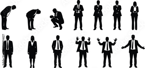 Collection of black silhouettes of business people in various poses and actions woman