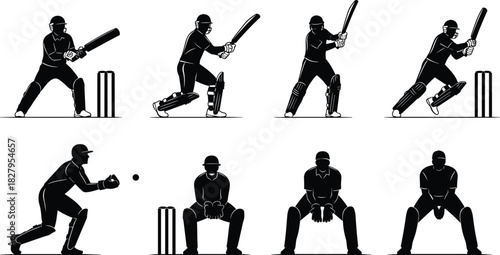 Collection of Black Silhouettes of Cricket Players in Various Poses and Wicket sport