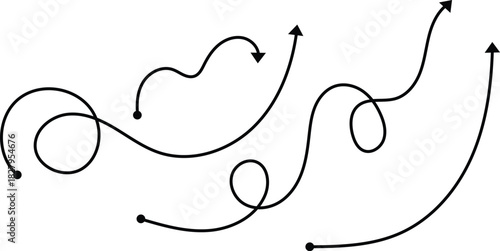 Abstract set of curvy, winding, and spiraling line arrows with starting dots. Hand-drawn doodle style vector collection of loopy and wavy paths indicating complex direction and movement.