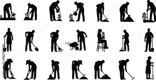 Collection of black silhouettes of people gardening and performing outdoor tasks