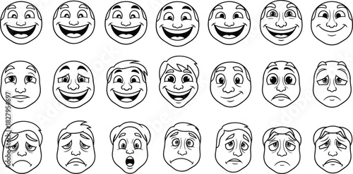 Collection of cartoon faces showing various emotions like happiness sadness surprise and worry