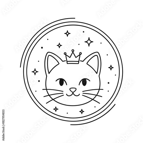 Cute cartoon white cat wearing a pink crown and surrounded by stars and circles simple line art illustration