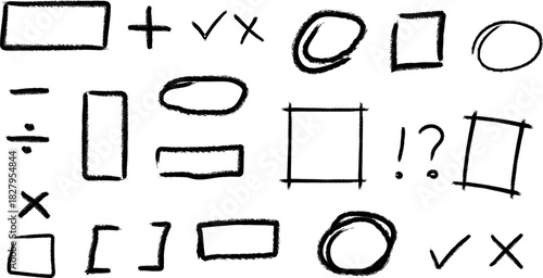 Hand drawn math symbols and shapes on white background