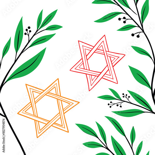 Two geometric stars one orange one red framed by green leaves and black branches shape symbol