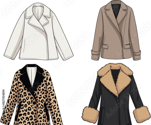 Four illustrated jackets including a white collared coat a beige trench coat a leopard print blazer and a black fur trimmed coat