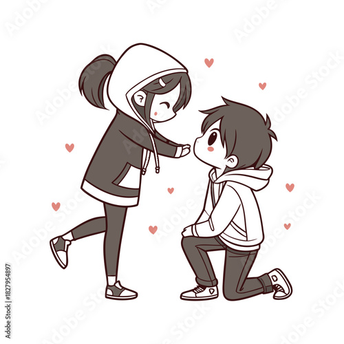 Cute couple in hoodies sharing a sweet moment with hearts floating around them