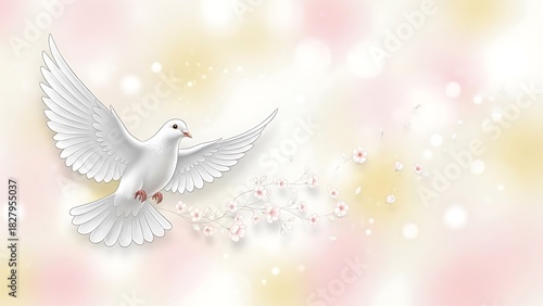 Elegant white dove in flight with cherry blossoms, conveying peace, love, and hope, perfect for weddings, memorials, and spiritual events