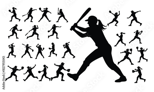 Set of Female Softball Player Silhouettes in Various Poses, silhouette, Softball, vector, illustration.