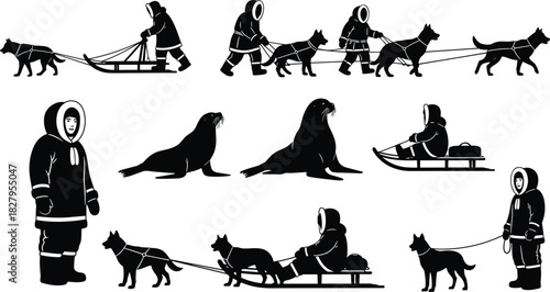 Silhouette collection of Inuit people dogsledding seals and arctic life Eskimo indigenous