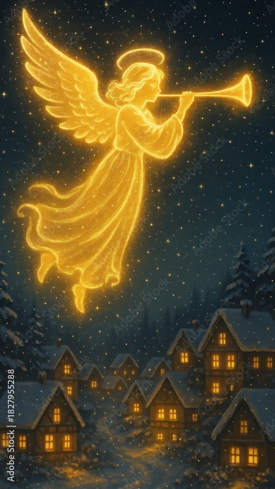 Fototapeta premium Celestial angel illuminates snowy village.