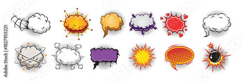 Comic speech bubble set with colorful cartoon styles.