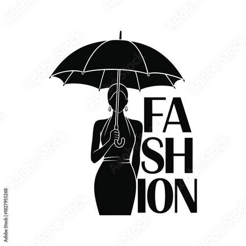 Elegant silhouette of a woman holding an umbrella next to the word fashion in bold black letters