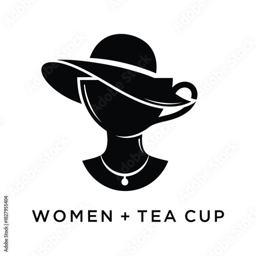 Elegant silhouette of a woman wearing a hat combined with a tea cup and necklace logo