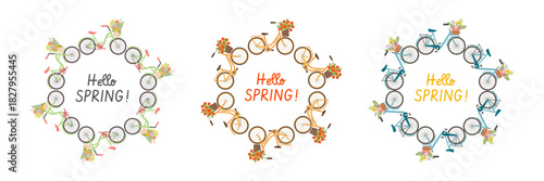 Cute Ladies bicycles with baskets of spring flowers in round frame. Round frames made from women's bicycles with inscription Hello Spring! Perfect for covers, greeting cards, and social media. 