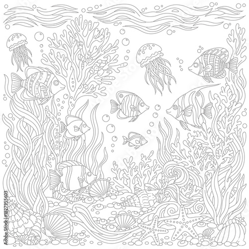 Design Coloring Page Ocean Coral Fish Doodle Pro Vector