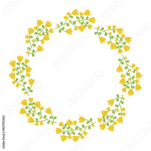 Round frame of bright yellow flowers. Wreath of delicate flower sprigs and green leaves, isolated on white background. Perfect for decorating postcards, greeting cards, and social media. Copy space