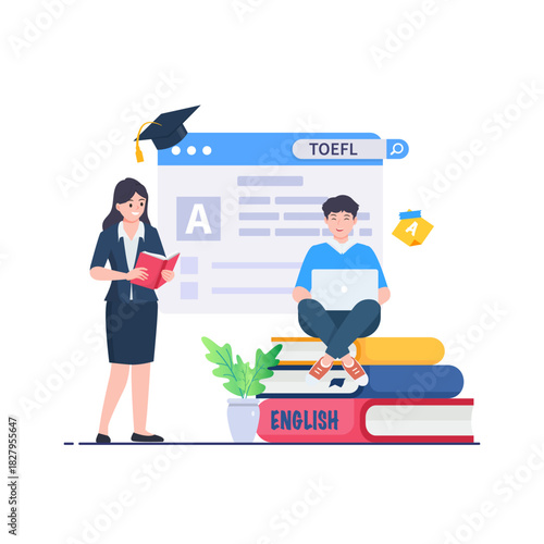 Illustration of TOEFL exam concept. English online study. Illustration for websites, landing pages, mobile apps, posters and banners.