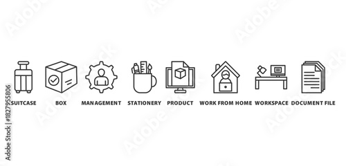 office products banner icon concept with icon of suitcase, box, management, stationary, product, work from home, workspace, and document file






