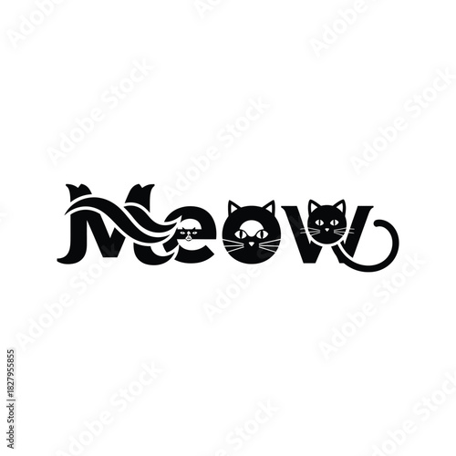 Playful meow text design with integrated cat faces and a curled tail forming the letter w