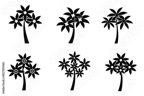 Black and white vector illustration of six silhouettes of palm trees on a white background