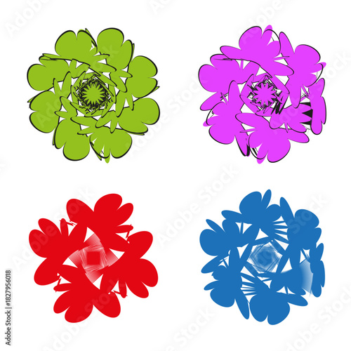 Abstract flower shapes. Dynamic petal elements. Colorful rosette Vector set. Organic modern graphic.