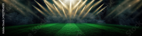 4K Ultrawide Cinematic Sports Arena Backgrounds - Illuminated stadium scene with a vibrant green pitch