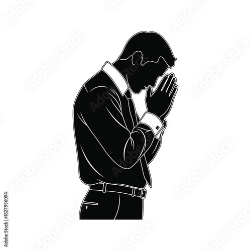 Silhouette of a businessman in a suit praying with hands clasped in devotion and contemplation